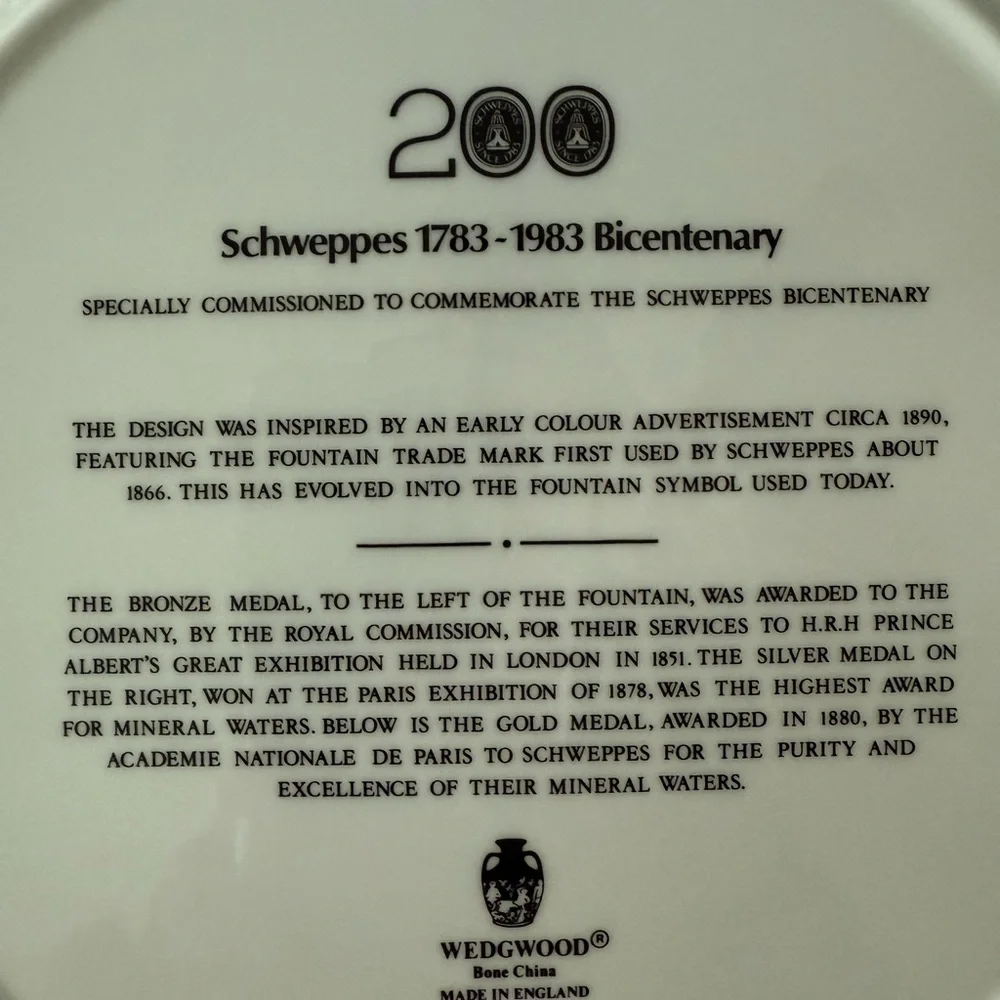 Wedgwood Schweppes 1773-1983 Bicentennial Commemorative Plate